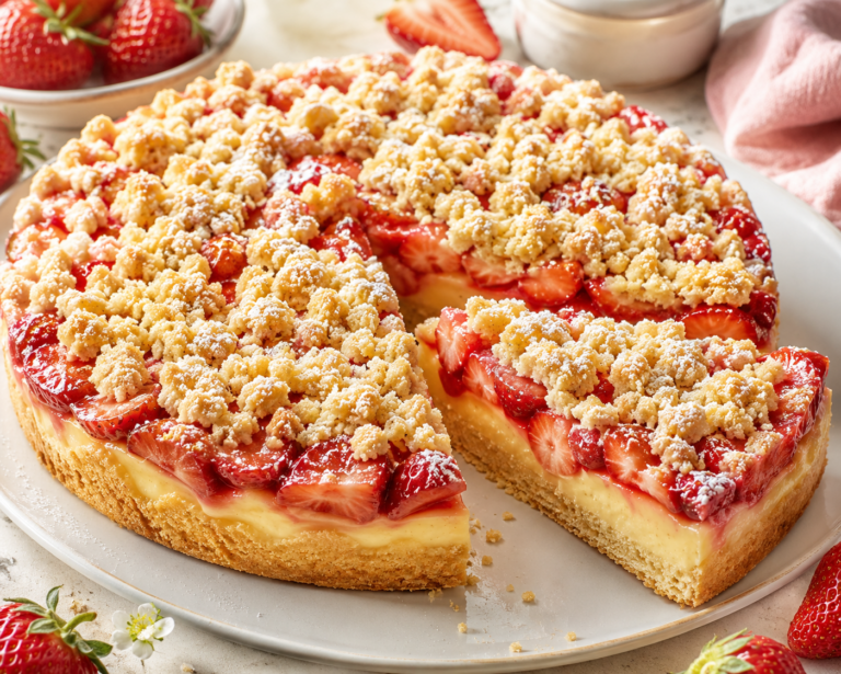 Einfacher Erbeer – Pudding – Streuselkuchen